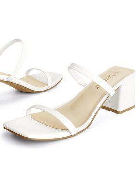 White Square Toe Block Heel Sandals Wedding Shoes Chunky Block Low Heel